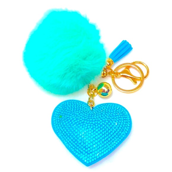 Accessories - Teal Heart Keychain with Pom Pom